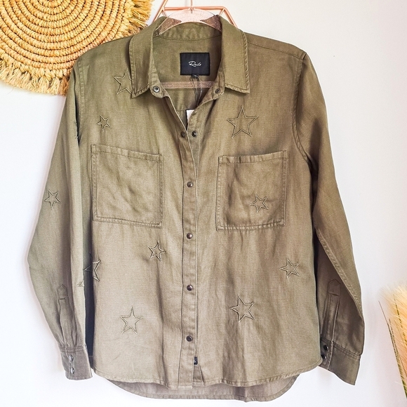 RAILS, New, Marcel Olive Green Embroidred Star Linen Blend Shirt, Size Medium - Picture 13 of 13